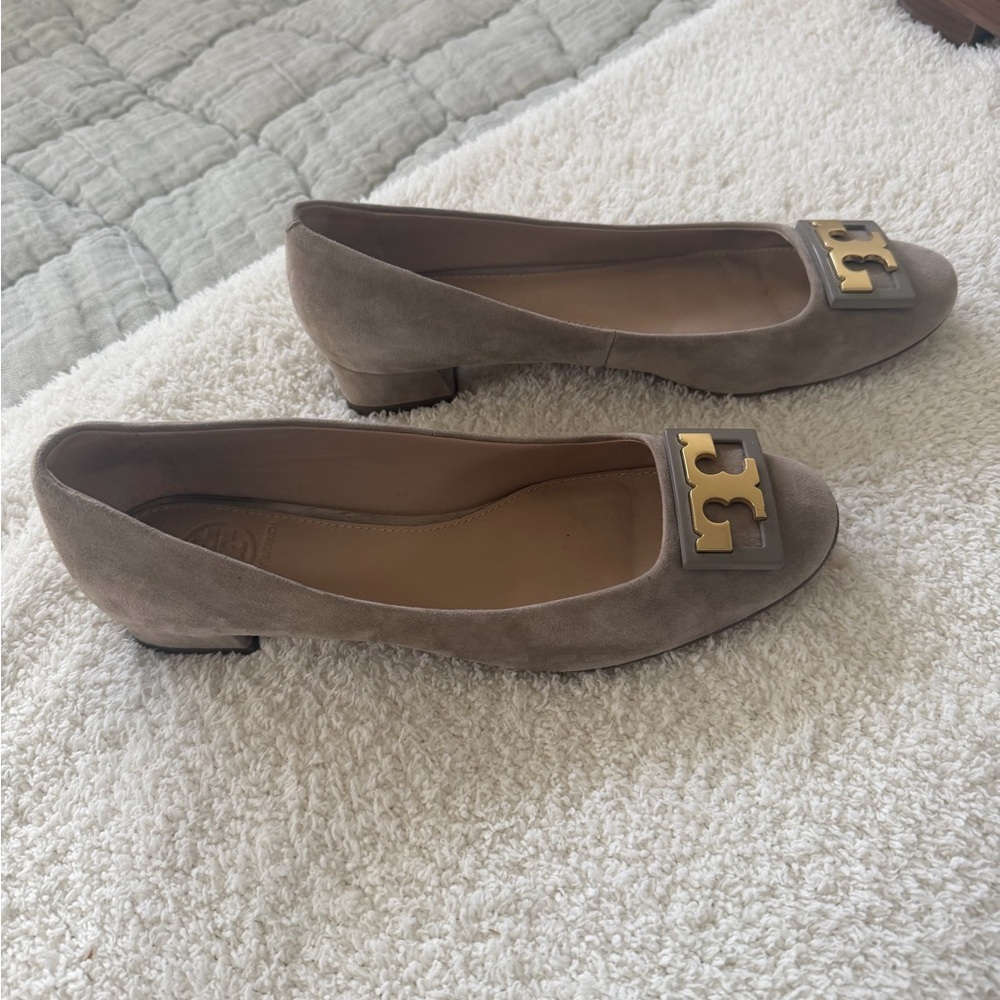 Tory Burch Taupe Suede Low Block Heel Ballet Flats
